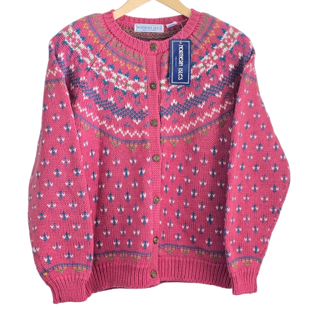 *VTG/NWT* NORTHERN ISLES Vintage Colorful Pink Fair Isle Sweater, Pink Cardigan